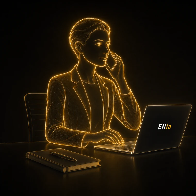 Ilustración de ENia, el asistente virtual de ENia, trabajando con un ordenador.